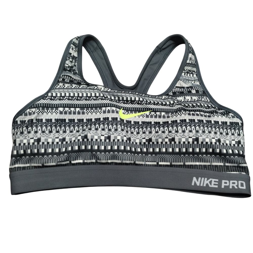 Nike Pro Size Medium Swoosh Abstract Gray Racerback Removable Inserts Sports Bra